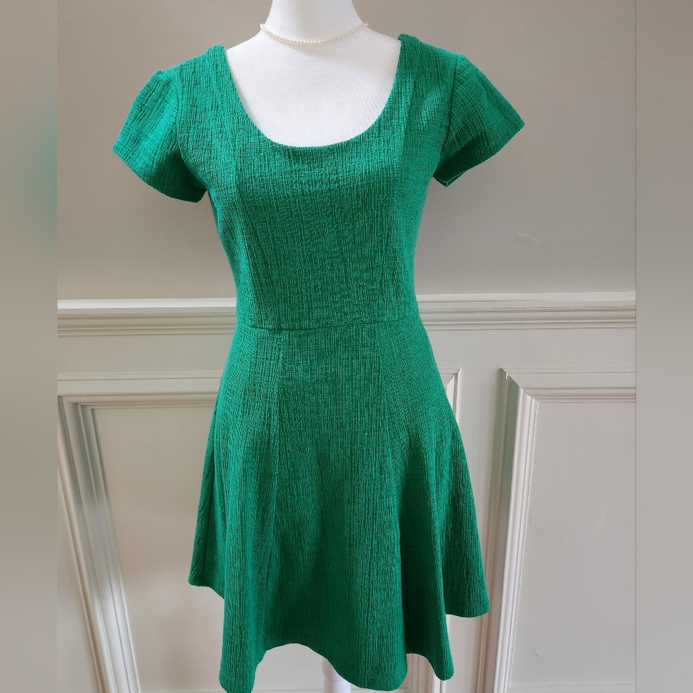 Anthropologie Green Textured Fit And Flare Mini Dress - Picture 2 of 7